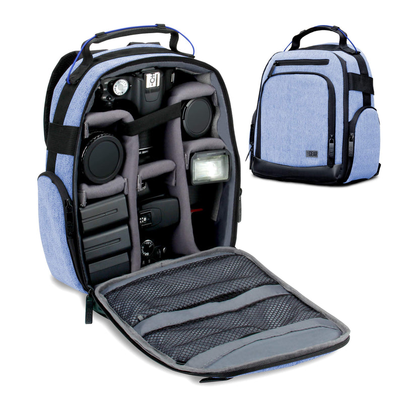 USA Gear Portable Camera Backpack for DSLR with Customizable Accessory Dividers, Weather Resistant Bottom and Comfortable Back Support - Compatible with Canon, Nikon, Sony, Fujifilm, and More (Blue) Compact Blue