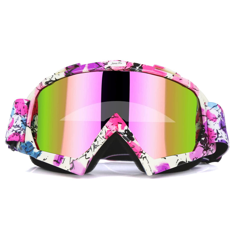 JAMIEWIN Motocross Goggles ATV Dirt Bike Motorcycle UTV MX OTG Offroad Riding Goggles Anti UV Dustproof Anti Fog Racing Skiing Goggles for Men Women Youth Kids Camo Pink Frame + Color Lens