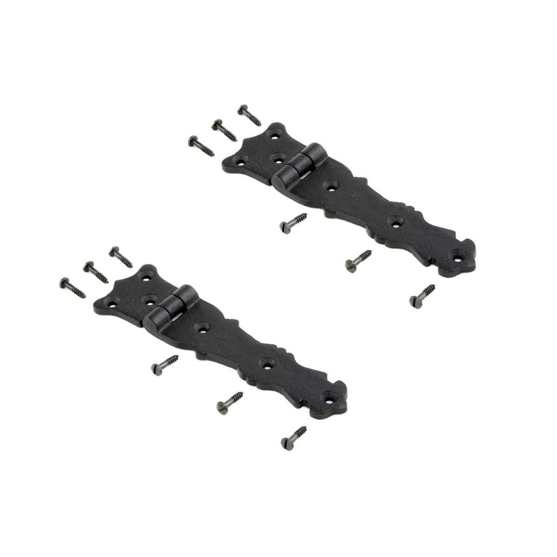 Renovators Supply Manufacturing Shed Door Hinge 5.5 in. Black Wrought Iron Antique Fleur De Lis Style Decorative Flush Mount Cast Iron Barn Door Shed Hinge with Hardware Pack of 2