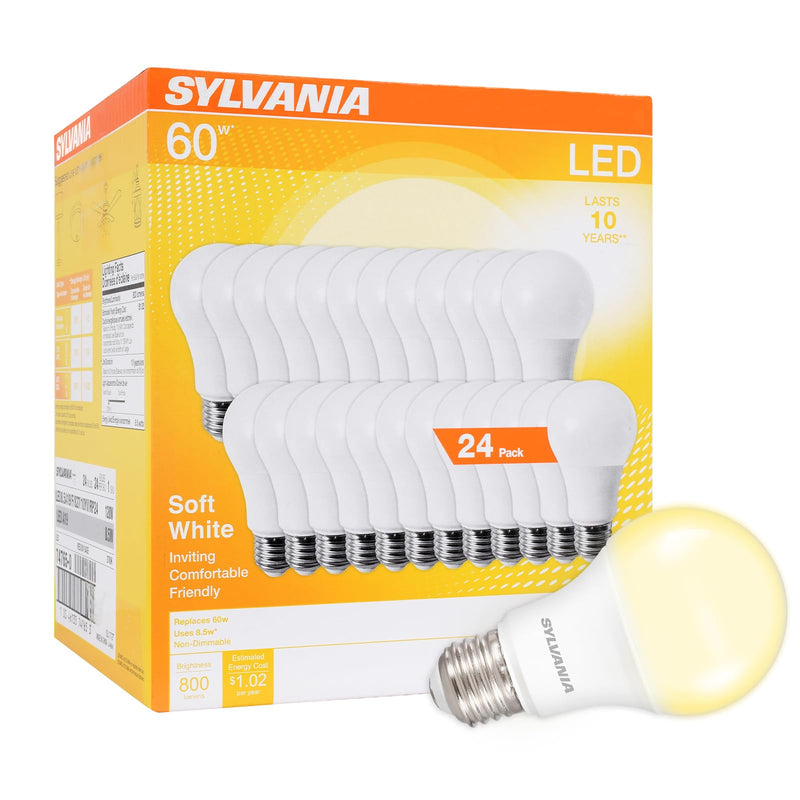 Sylvania LED A19 Light Bulb, 60W Equivalent, Efficient 8.5W, 10 Year, 2700K, 800 Lumens, Frosted, Soft White (74765), Packaging May Vary (Pack of 1, 24 Count Total) 24 Count (Pack of 1) 24 Pack