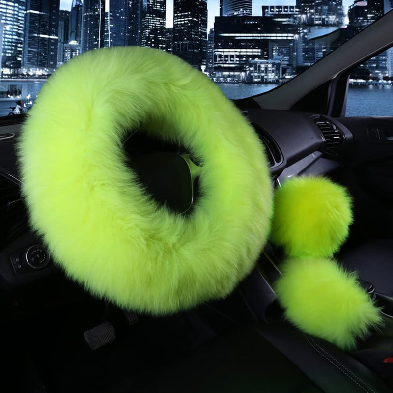 Car Steering Wheel Cover Gear Shift Handbrake Fuzzy Cover 1 Set 3 Pcs Multi-Colored with Winter Warm Pure Wool Fashion for Girl Women Ladies Universal Fit Most Car (Grass Green) Grass green