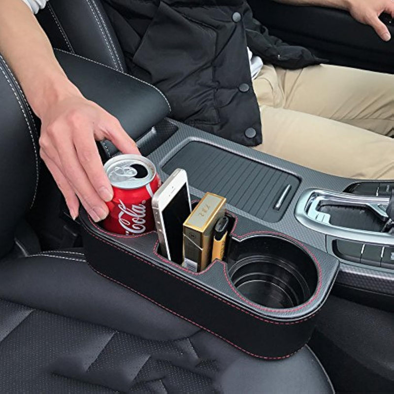 Car Cup Holder, Auto Cup Drink Holders，Multifunctional Auto Front Seat Organizer with PU Leather Cover, Gap Filler Storage Box Coin Bucket Console Side Pocket Cell Mobile Phone Holder (Black) Black