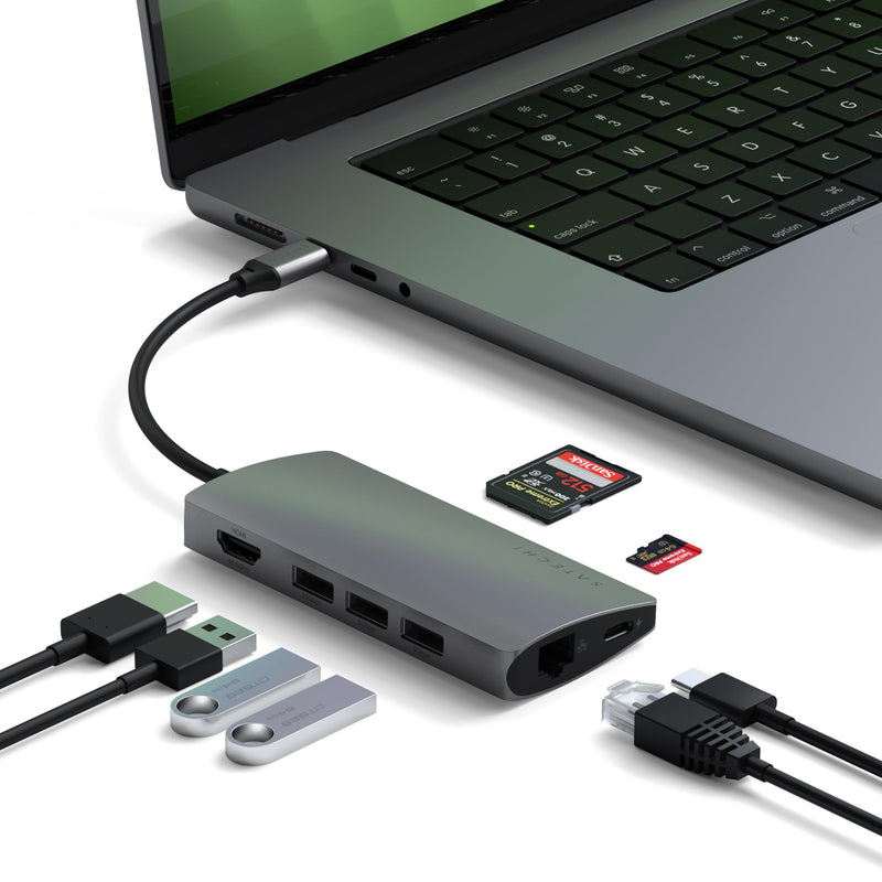 Satechi 8 in 1 USB C Hub Multiport Adapter V2, 4K HDMI, 115W USB C PD Charging, 3 USB-A, Ethernet, Micro/SD Card Readers, for Laptop, MacBook Air/Pro M4, iPad, Windows - Space Gray