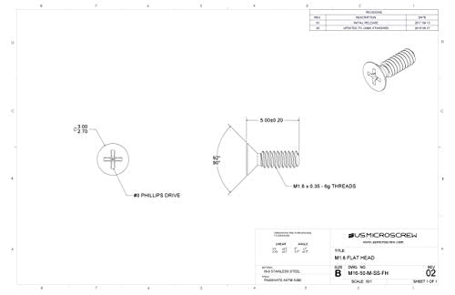 M1.6-0.35 X 5mm Machine Screw Stainless Steel Flat Head Phillips Drive (100 Pcs) - M16-50-M-SS-FH