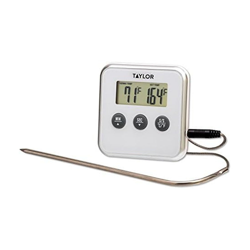 Taylor Programmable Instant Read Wired Probe Digital Meat Food Grill BBQ Cooking Kitchen Thermometer with Alarm, White
