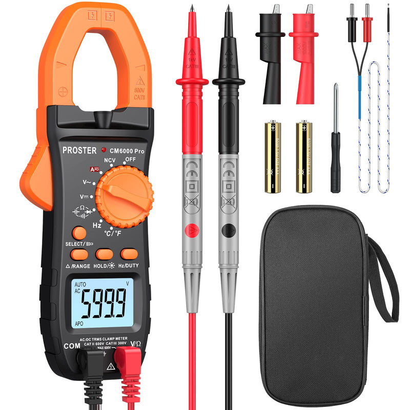 Proster Digital Clamp Meter 6000 Count - 800A DC AC Current Ammeters AC/DC Voltage Multimter, TRMS NCV Continuity Capacitance Resistance Frequency Diode Hz Tester, with Test Leads, Alligator Clips Black 6000Counts