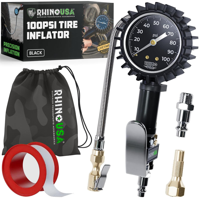 Rhino USA Tire Pressure Gauge with Inflator (0-100 PSI) - Heavy Duty Air Chuck and Compressor Accessories with Stainless Braided Hose, Large Analog Dial and Solid Brass Hardware for Truck and RV 100psi Analog