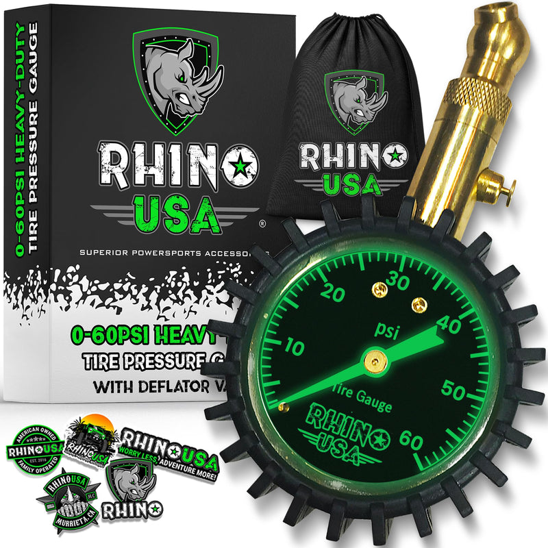 Rhino USA Heavy Duty Tire Pressure Gauge (0-60 PSI) - Certified ANSI B40.1 Accurate, Large 2" Easy Read Glow Dial, 360 Swivel Head, Solid Brass Hardware, Best for Any Car, Truck, Motorcycle, RV 60 PSI Compact