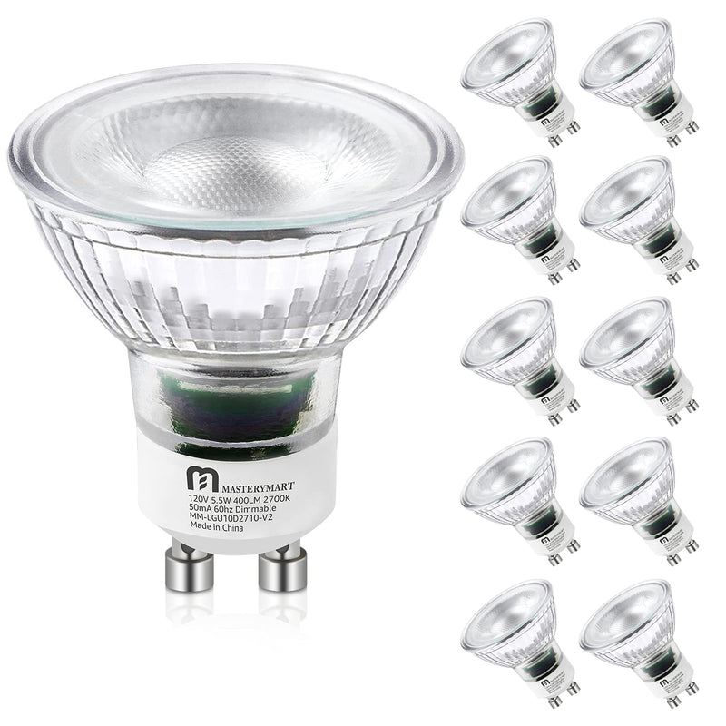 MASTERY MART Dimmable GU10 LED Light Bulbs, 5.5W Bright 2700K Soft White 50W Halogen Equivalent, 400lm Energy Saver for Track Lighting Fixture, Kitchen, Basement, Living Room, 25000 Hours, 10 Pack 10 Count (Pack of 1) 2700k Soft White -5.5w