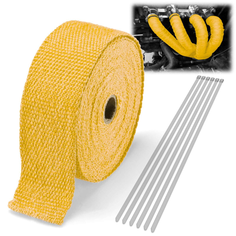Yellow Exhaust Pipe Insulation Thermal Heat Wrap 2" x 50' Motorcycle Header Protection Fiberglass Heat Shield 6X Stainless Ties Yellow