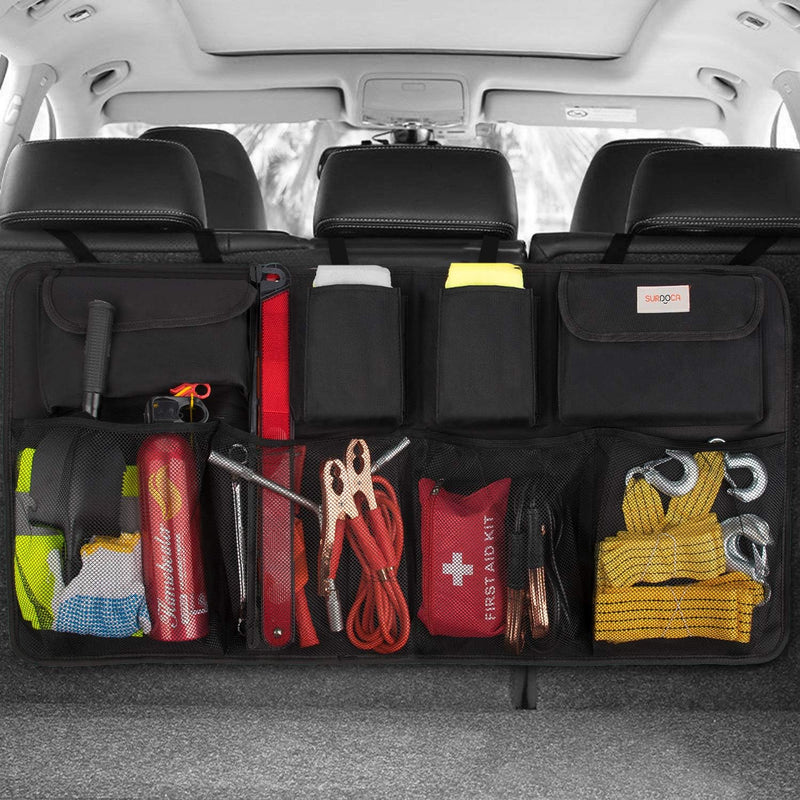 SURDOCA Car Trunk Organizer, 3rd Gen [7 Times Upgrade] Super Capacity Car Organizer SUV, Equipped with Robust Elastic Net, Hanging Car Storage Organizer with Lids, Space Saving Expert Black L-35.5x18.2in