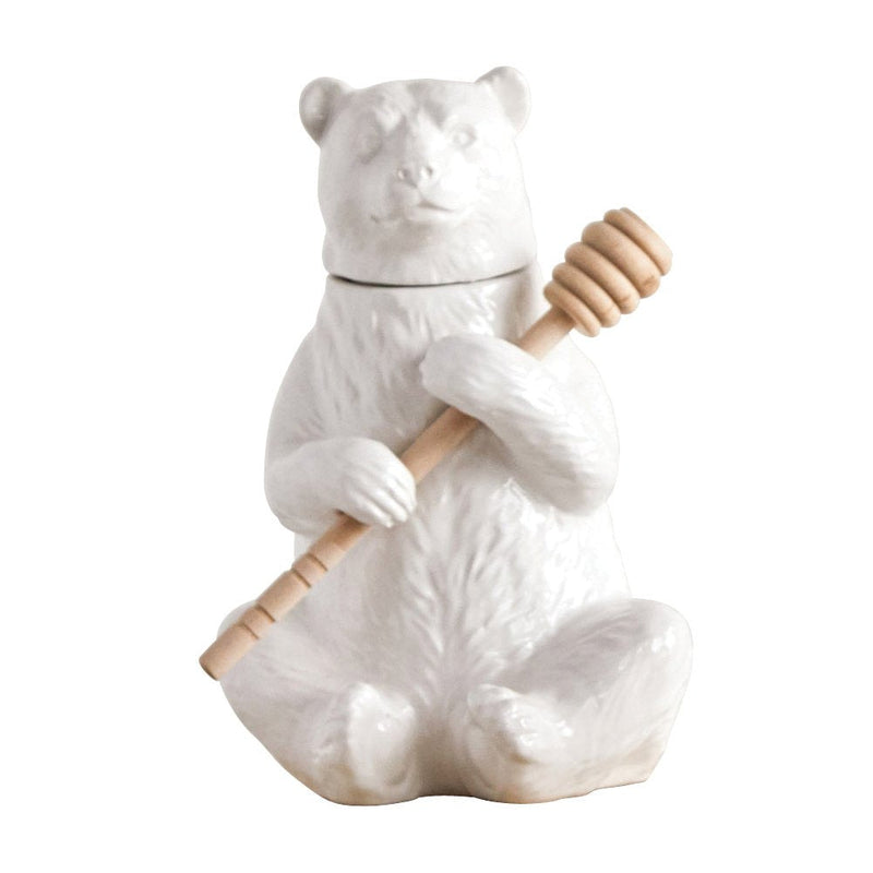 Creative Co-Op White Bear Shaped Honey Pot with Lid & Bamboo Dipper 202.9 Ounces
