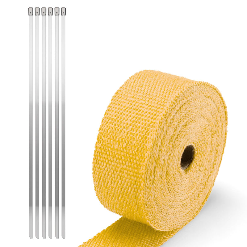 JDMBESTBOY Yellow Exhaust Pipe Insulation Thermal Heat Wrap 2" x 50' Car Motorcycle Header Protection Fiberglass Heat Shield 6X Stainless Ties