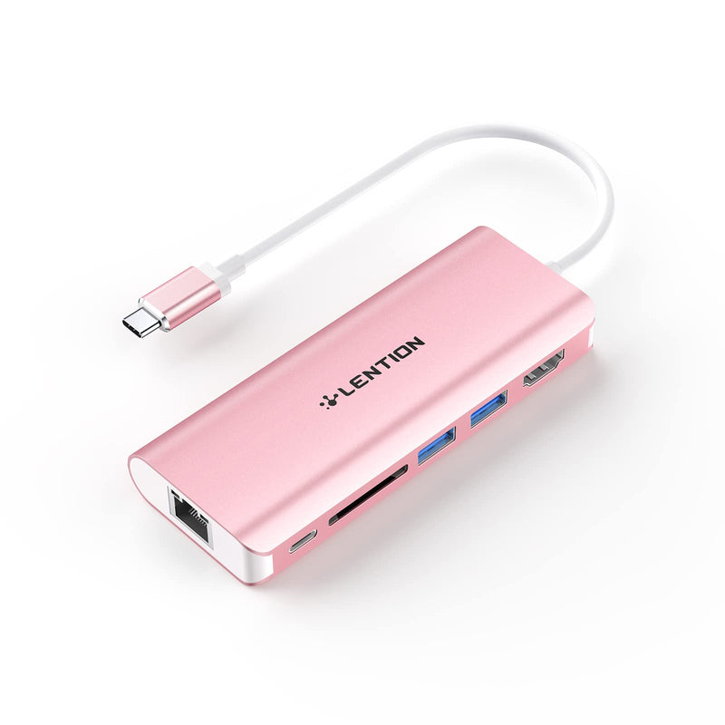 LENTION USB C Hub with 4K HDMI, SD Card Reader, 2 USB 3.0, Type C Charging & Ethernet Compatible 2023-2016 MacBook Pro, New Mac Air/Surface/Steam Deck, More, Stable Driver Adapter (CB-C68, Rose Gold)