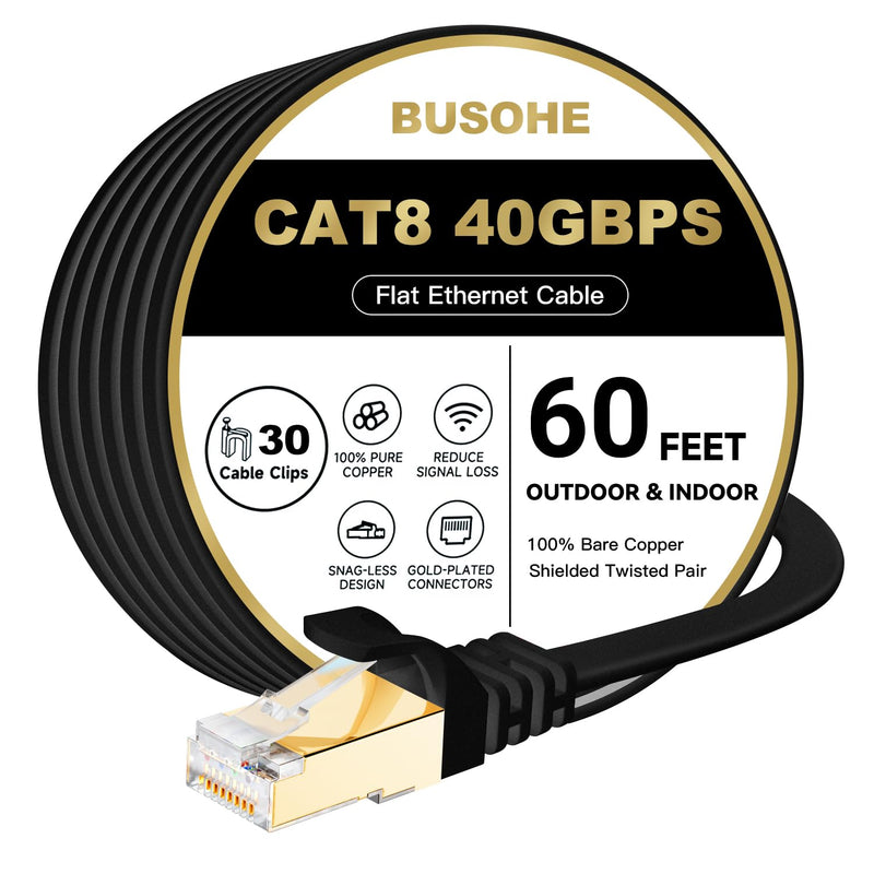 BUSOHE Cat 8 Ethernet Cable 60 FT, 40Gbps 2000MHz Cat8 High Speed Flat Internet Network Patch Cord, SFTP Shielded LAN Wire with Gold Plated RJ45 Connector, with Clips, Outdoor Indoor- 60FT Black