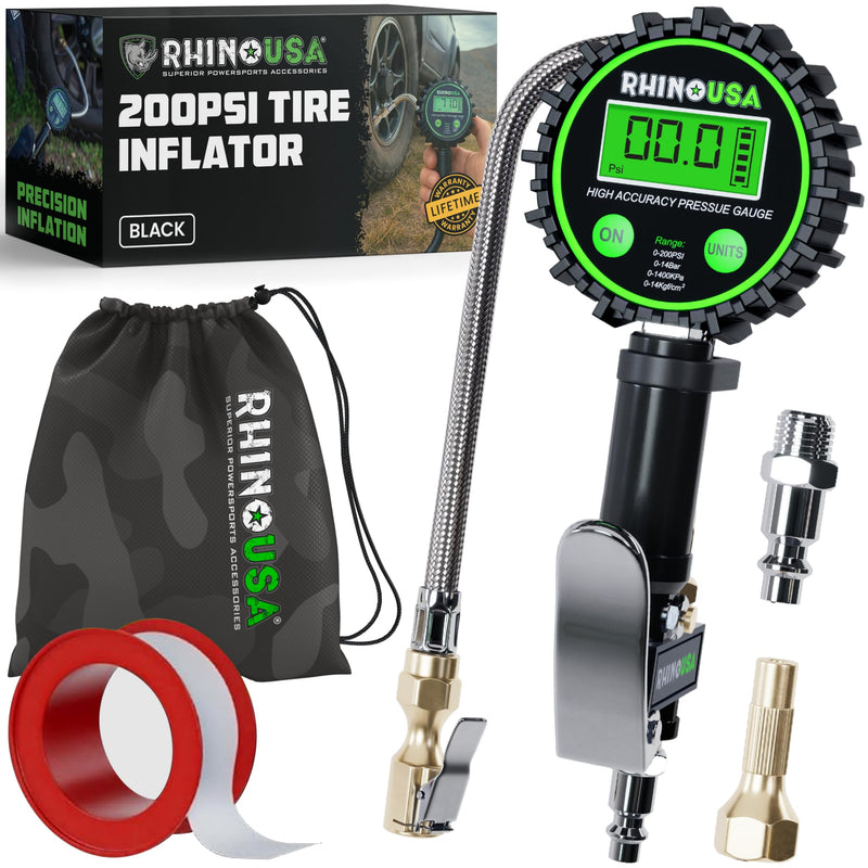 Rhino USA Digital Tire Pressure Gauge with Inflator (0-200 PSI) - Heavy Duty Air Chuck and Compressor Accessories with Stainless Braided Hose, Large 2" Dial and Solid Brass Hardware for Truck and RV 200psi Digital