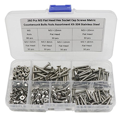 M3 Hex Socket Flat Head Screws with Nuts, 304 Stainless Steel, 260Pcs