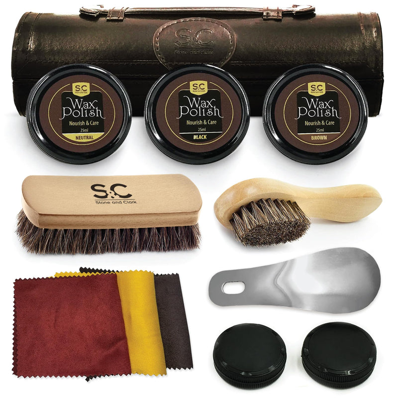 Stone and Clark Original Shoe Polish & Care Kit - Leather Shoe Shine Kit for Men & Women Dark Brown