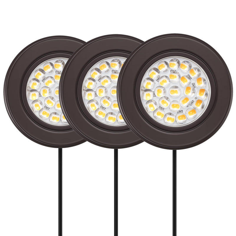 GETINLIGHT 2.5" Wide 3000K Dimmable LED Puck Lights Kit, Plug-in Installation with Recessed or Surface Mounted, Bronze Finish Over Metal Construction, Set of 3, IN-0113-3-BZ Matte Bronze 3-Puck Kit