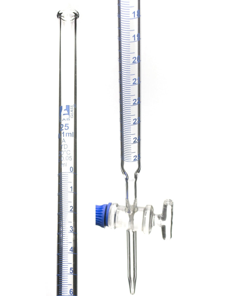 EISCO Class A 25mL Borosilicate Burette - 0.1mL Graduations - 0.05mL Tolerance - Glass Key (Smooth) Stopcock - 22.5" Tall