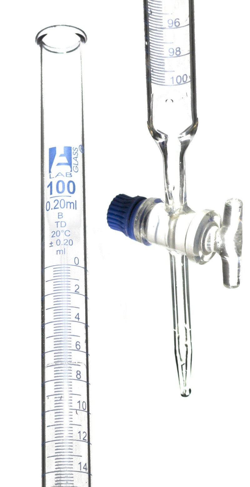Eisco - 100mL Class B Borosilicate Glass Burette, 0.2mL Graduations, 30.5" Tall, Smooth Glass Key Stopcock, Accurate Titration Lab Apparatus