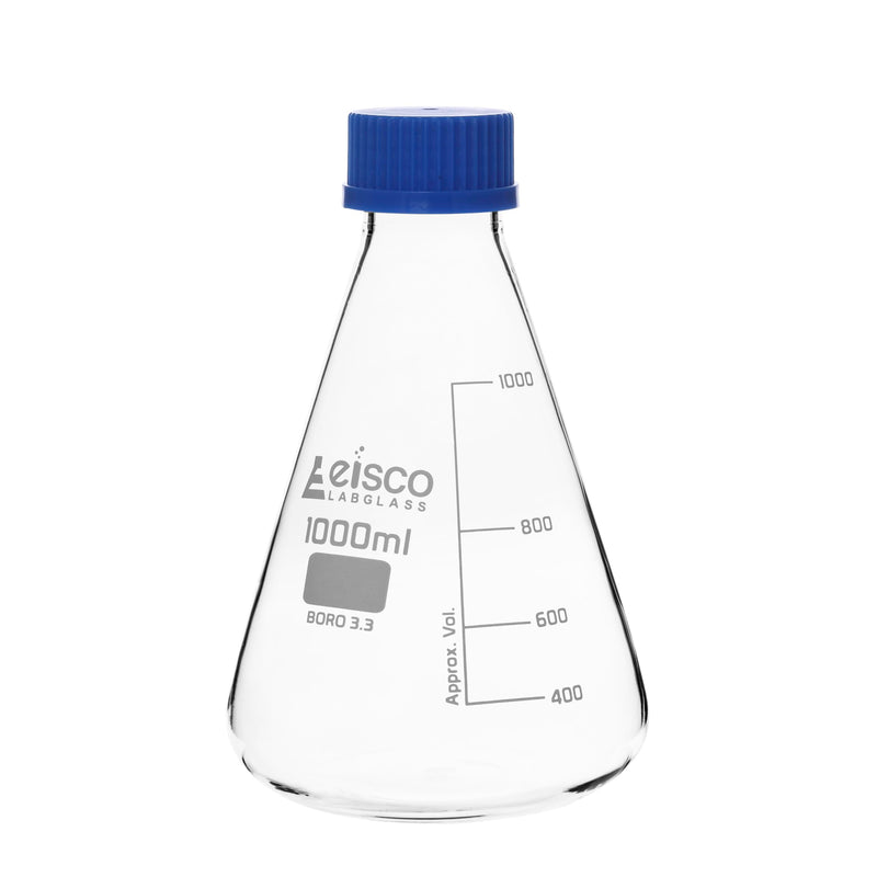 EISCO Erlenmeyer Flask, 1000ml - Borosilicate Glass - with PTFE Screw Cap - Conical Shape - White Graduations