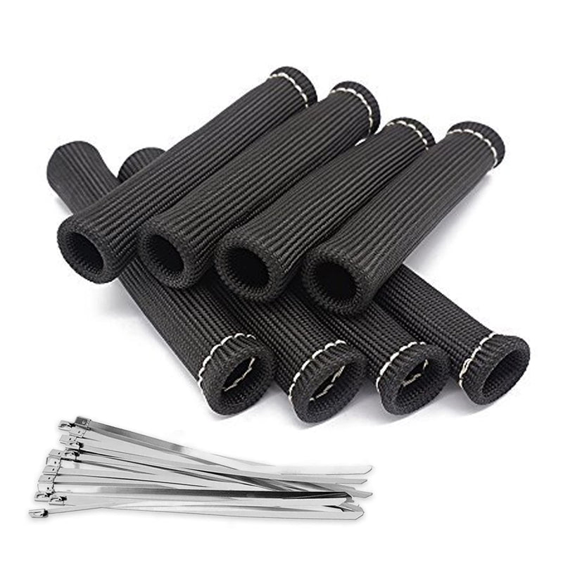 Spark Plug Wires Boots Heat Shields, 1500° Protector Covers Sleeves 6 Inch Automotive Spark Plugs Heat Shields Cover for SBC BBC 350 454 &16Pcs Stainless Steel Wire Ties (8 Pcs, Black)