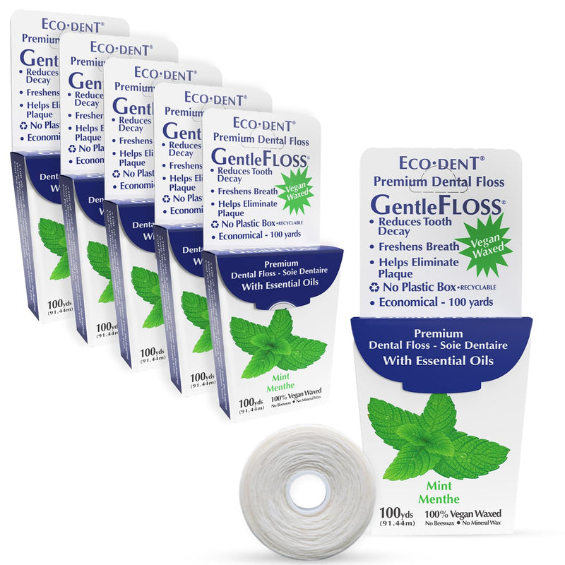 Eco-Dent GentleFloss Dental Floss, Waxed, Mint - Floss with Vegan Plant-Based Wax, Recyclable Cardboard Packaging, 100 Yds Ea (Pack of 6) 300 Foot (Pack of 6)