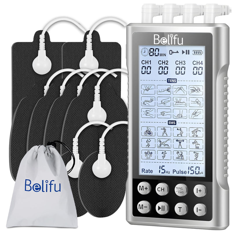 Belifu 4 Channel TENS EMS Unit – 24 Massage Modes & 30 Intensity Levels, Rechargeable Electric Pulse Muscle Stimulator with 10 Pads & 5 Lead Wires for Pain Relief & Therapy, Color Silver