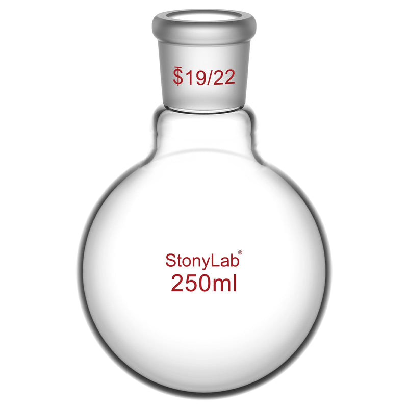 StonyLab Borosilicate Glass 250mL Heavy Wall Single Neck 1 Neck Round Bottom Flask RBF, with 19/22 Standard Taper Outer Joint - 250mL 250 ml