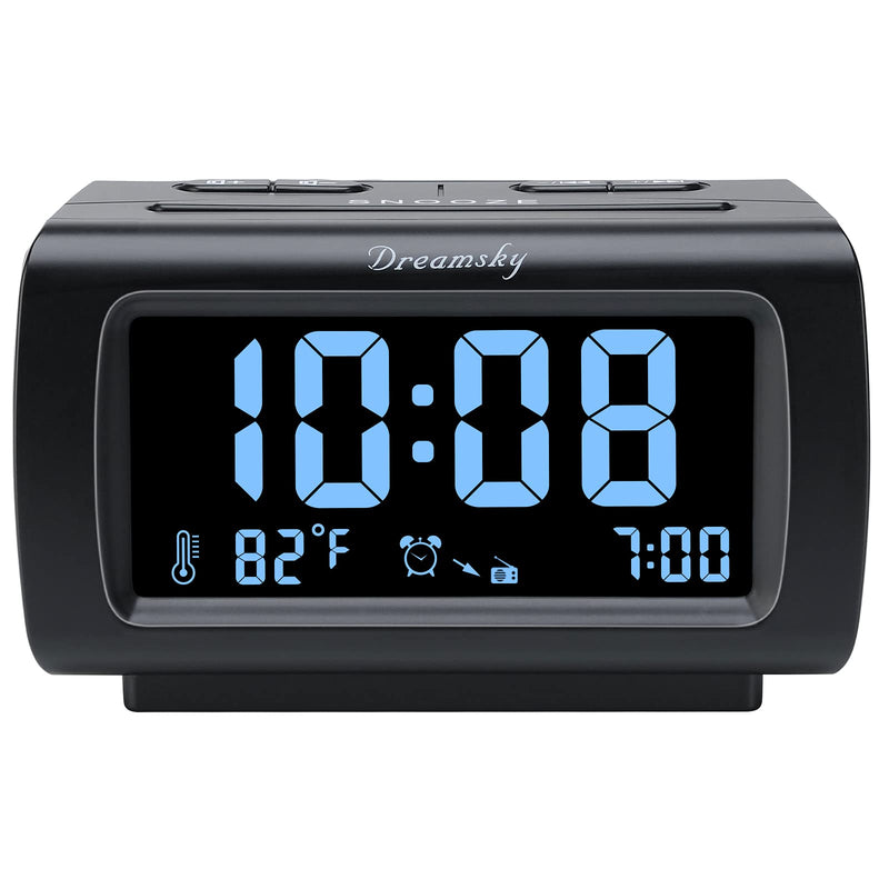 DreamSky Alarm Clock Radios for Bedrooms with Battery Backup, Large Big Numbers with Dimmer Wheel, USB Port, Bedside Digital FM Radio with Sleep Timer, Temperature, Adjustable Volume, Snooze Black