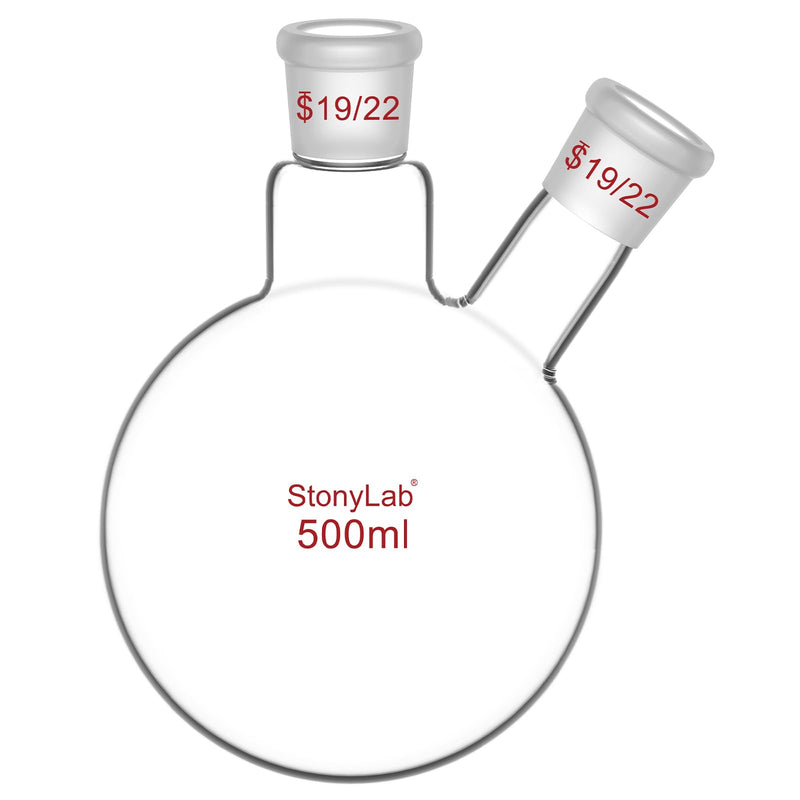 StonyLab Glass 500ml Heavy Wall 2 Neck Round Bottom Flask RBF, with 19/22 Center and Side Standard Taper Outer Joint - 500mL 500 ml