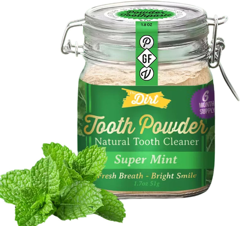 The Dirt - Remineralizing Tooth Powder, Natural Fluoride-Free Teeth Whitening Powder with Hydroxyapatite, Flouride & Gluten Free, Organic Vegan (Super Mint, 51g: 6 Month Supply) Super Mint 1.7 Ounce (Pack of 1)