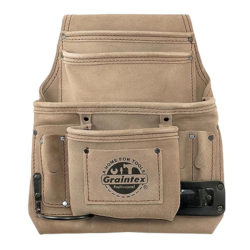 Graintex 10 Pocket Nail & Tool Pouch, Suede Leather Tool Bag, Tool Belt for Constructors, Electricians, Handymen, HVAC Tools, Professional Organizer with Adjustable Fit Beige