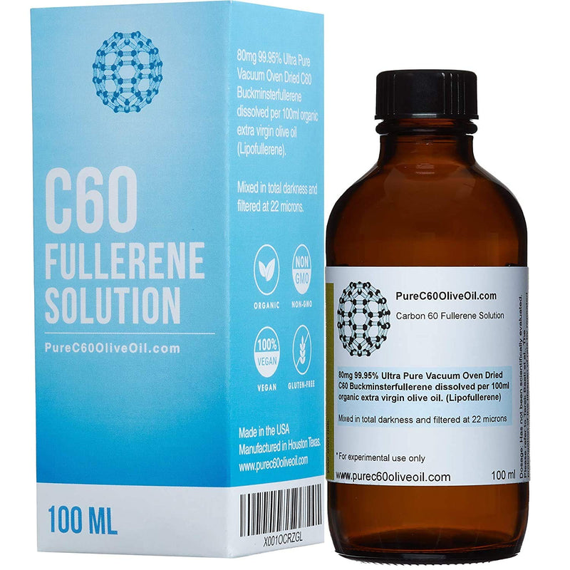 PureC60OliveOil C60 Organic Olive Oil 100ml / 3.4 Fl Oz - 99.95% Carbon 60 Solvent Free 80mg - Amber Glass Bottle - Food Grade - Carbon 60 Olive Oil - from The Leading Global Producer 3.4 Fl Oz (Pack of 1)
