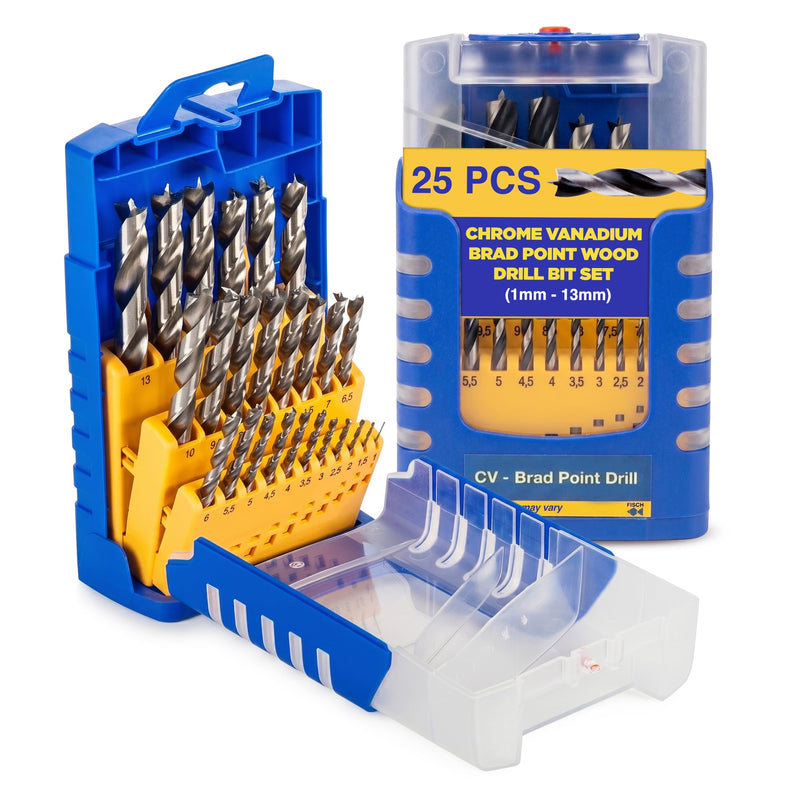 Fisch Brad Point Drill Bit Set, 25-Piece Chrome Vanadium Wood Drill Bits, Sizes from 1mm - 13mm" FSF-364740 1mm - 13mm"