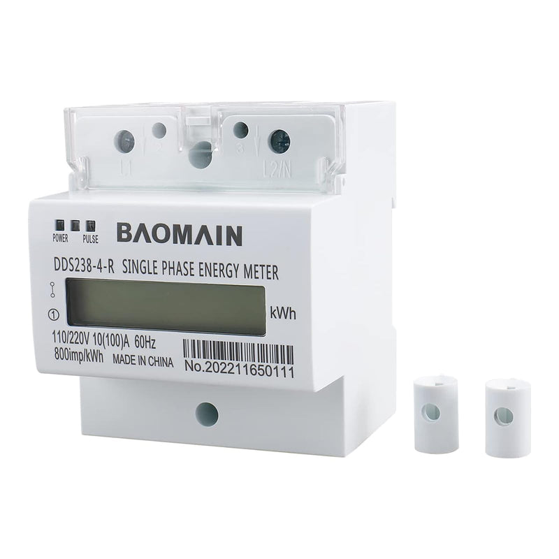 BAOMAIN Single-Phase 3-Wire DIN Rail kWh Meter,110V/220V AC Energy Monitor | DDS238-4-R Submeter Features 10A(100A), 60Hz Frequency & Lcd Display.Ideal For Precise Home Power Monitoring