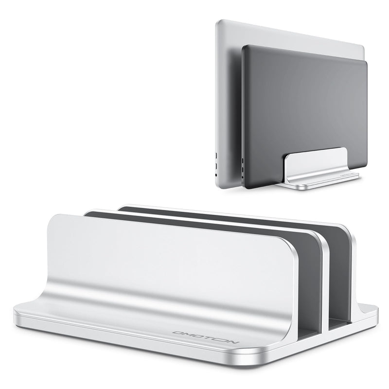 OMOTON Vertical Laptop Stand [Updated Double Version], Desktop Aluminum Mac Book Stand with Adjustable Dock Size, Fits All Mac Book, Surface, Chrome Book and Gaming Laptops (Up to 17.3 inch) (Silver) Silver