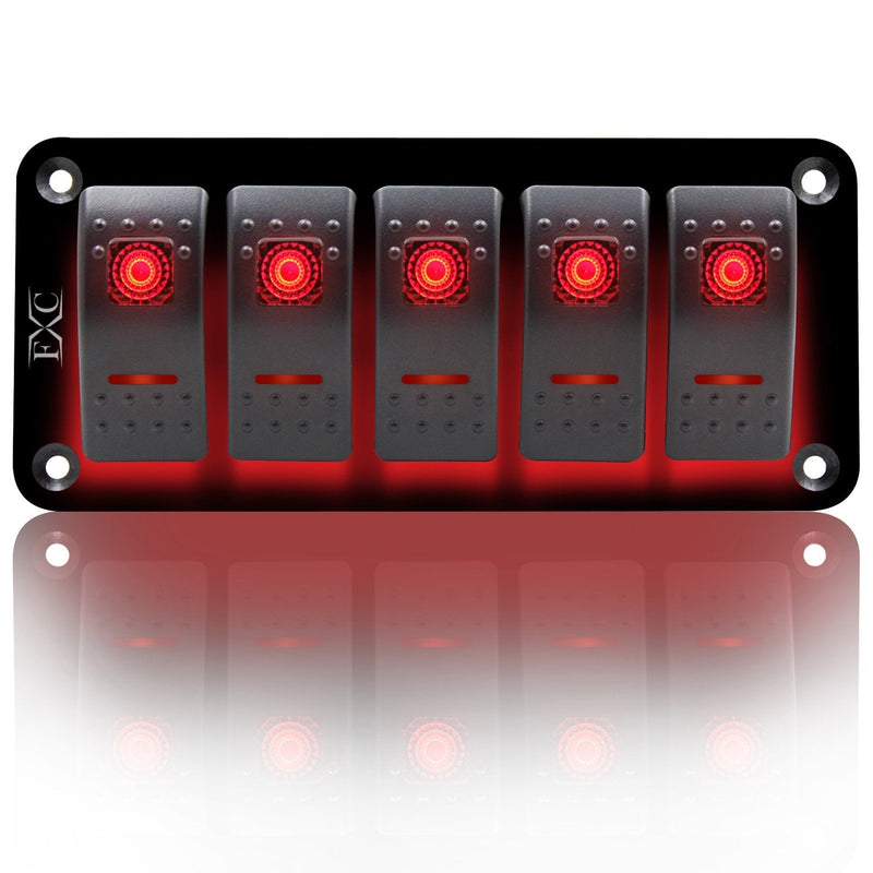FXC Rocker Switch Aluminum Panel 5 Gang Toggle Switches Dash 5 Pin ON/Off 2 LED Backlit for Boat Car Marine Red 5Gang Red