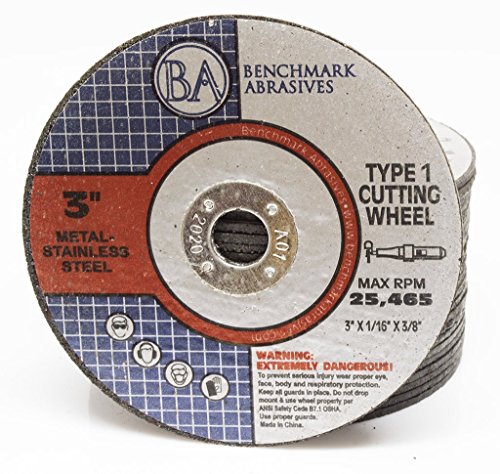 Benchmark Abrasives 3 Inch Aluminum Oxide Thin Type 1 Grinder Cut Off Wheels, 1/16" Thick 3/8" Arbor for Metal and Stainless Steel Die Grinder Cutting Disc, Grinding Cutting Wheel - 25 Pack