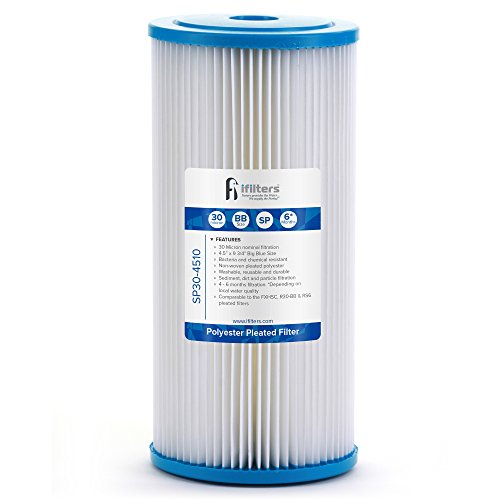 iFilters SP30-4510 OEM Replacement Sediment Water Filter, Compatible with MWH-D Systems, 4.5" x 10" Washable Pleated 30 Micron Whole House Filter Cartridge, Fits Big Blue Housings 1 Pack