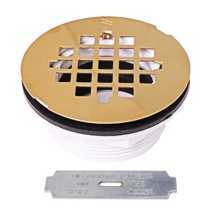 Westbrass D206P-01 2" No-Caulk PVC Compression Shower Drain with 4-1/4" Round Grid Cover, Polished Brass 1-Pack