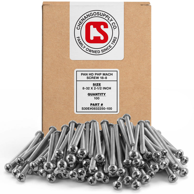 Chenango Supply Stainless 8-32 x 2-1/2 Pan Head Machine Screws – 18-8 Stainless Steel, Full Thread, Phillips Drive, Machine Thread, 100 Pieces (8-32 x 2-1/2)