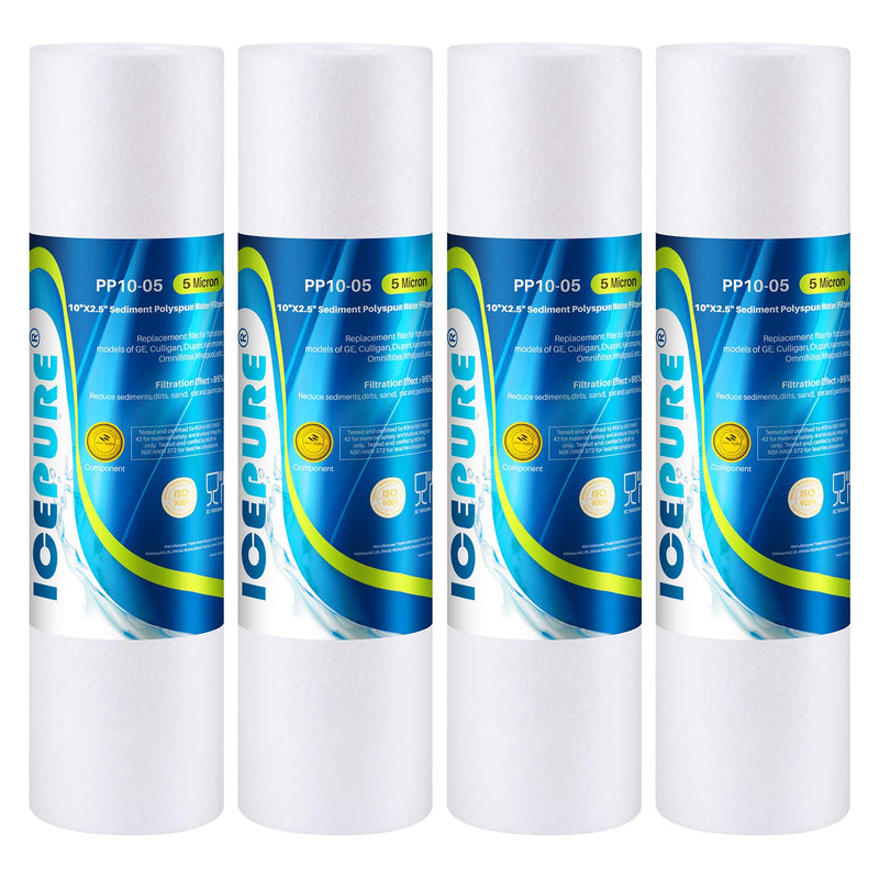 ICEPURE 10"X2.5" 5 Microns Whole House Sediment RO System Water Filter Replacement for Any 10 inch RO Unit,Dupont WFPFC5002, Aqua Pure AP110, Culligan P5,GE FXUSC, Whirpool WHKF-GD05,PP10-05,4PACK 5 Micron 4 Count (Pack of 1)
