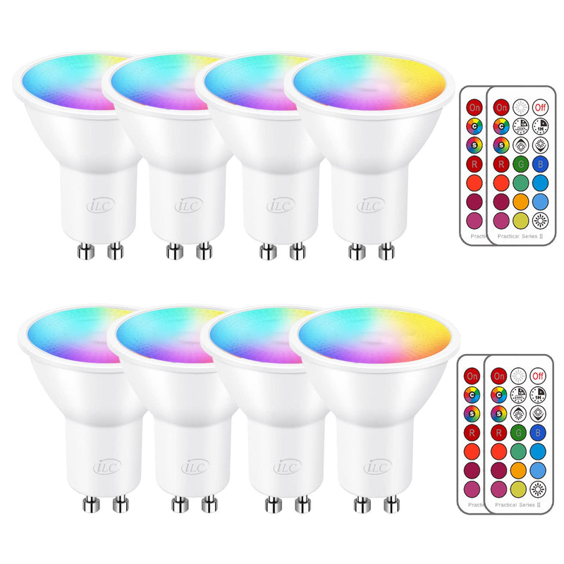 ILC GU10 LED Light Bulb 40 Watt Equivalent Color Changing 12 Colors 5W Dimmable Warm White 2700K RGB LED Light Bulbs with Remote Control (Pack of 8) Warm White 2700k + Rgb Pack of 8