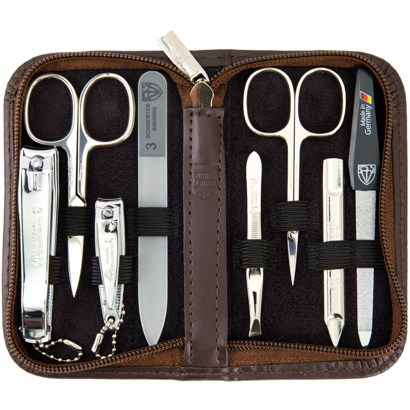 3 Swords Germany - brand quality 8 piece manicure pedicure grooming kit set for professional finger & toe nail care genuine leather case in gift box, Made in Germany BROWN - GENUINE LEATHER
