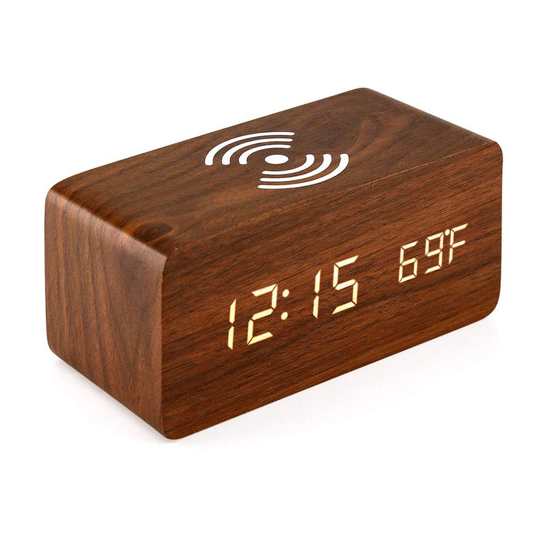 OCT17 Alarm Clock with Qi Wireless Charging Pad Compatible with iPhone Samsung Wood LED Digital Clock Sound Control Function, Time Date, Temperature Display for Bedroom Office Home- Brown