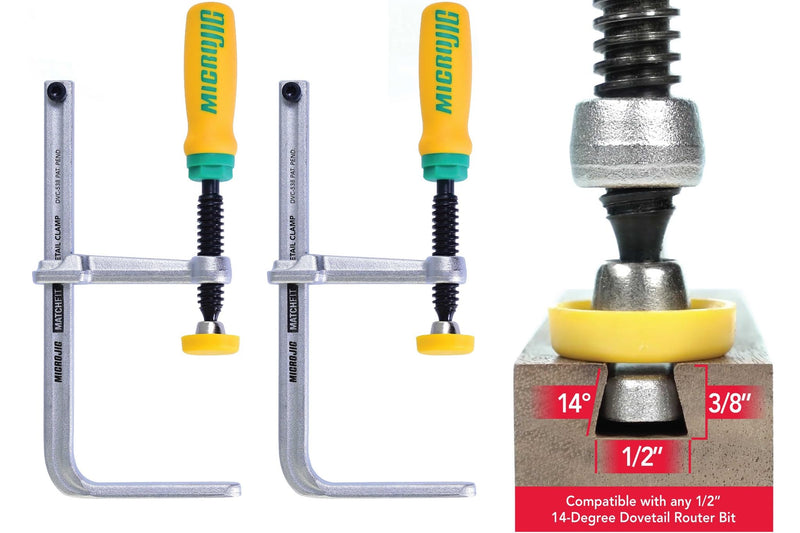 MICROJIG MatchFit Dovetail Clamps, Woodworking Track System Tools, DVC-538K2, 2-Pack, Yellow/Green
