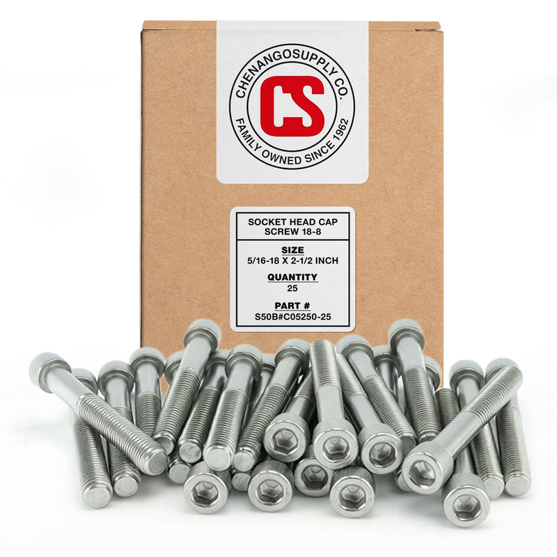 Chenango Supply 5/16-18 x 2-1/2 Stainless Steel Socket Head Cap Screws – 18-8 Stainless, Full Thread, Hex Drive 1/4, Coarse Thread Machine Screws, 25 Pieces (5/16-18 x 2-1/2)