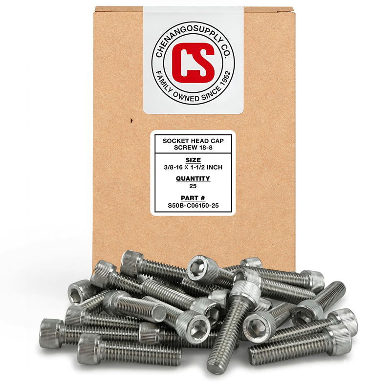 Chenango Supply Stainless 3/8-16 x 1-1/2 Socket Head Cap Screws – 18-8 Grade, Full Thread, Hex Drive 5/16, Coarse Thread, High-Torque Socket Head Cap Screws, 25 Pieces (3/8-16 x 1-1/2)